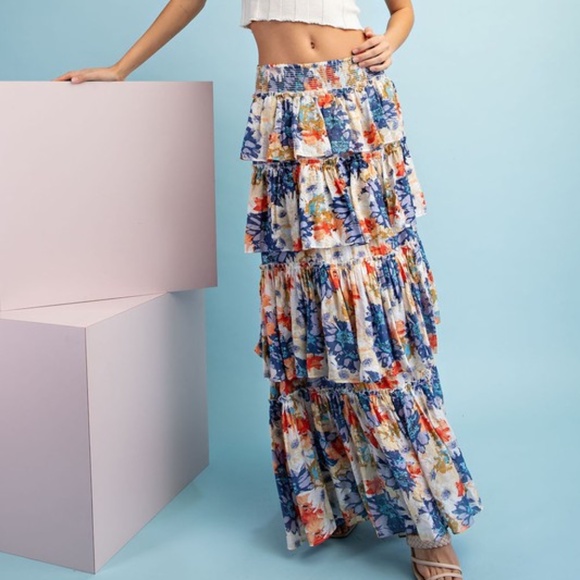 029 Boho Floral Tropical Print Smocked Waist Maxi Skirt - Picture 5 of 8